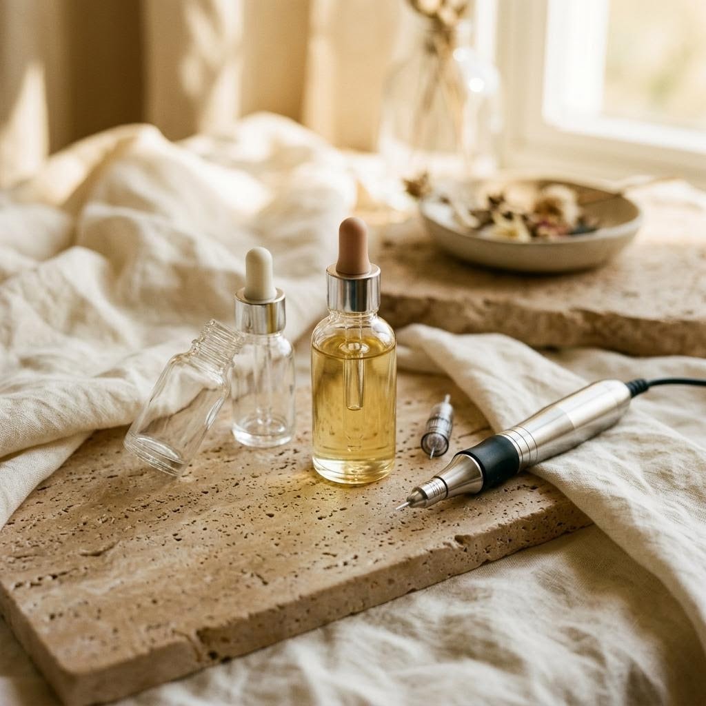 Illustrative still life of skincare tools on warm stone