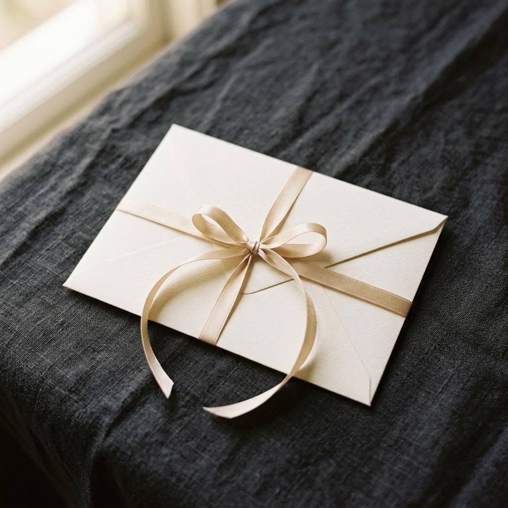 Illustrative blank ivory envelope tied with a champagne ribbon