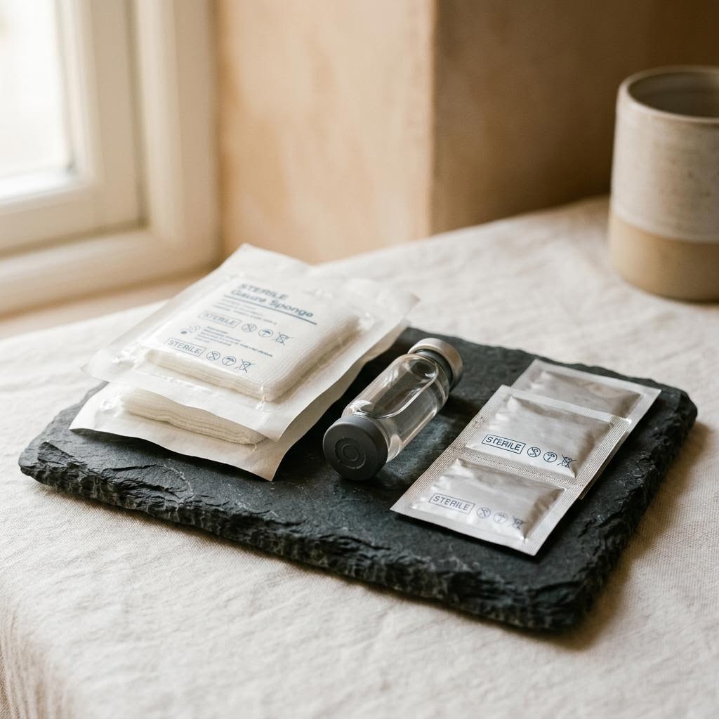 Illustrative still life of sealed sterile supplies on a stone tray